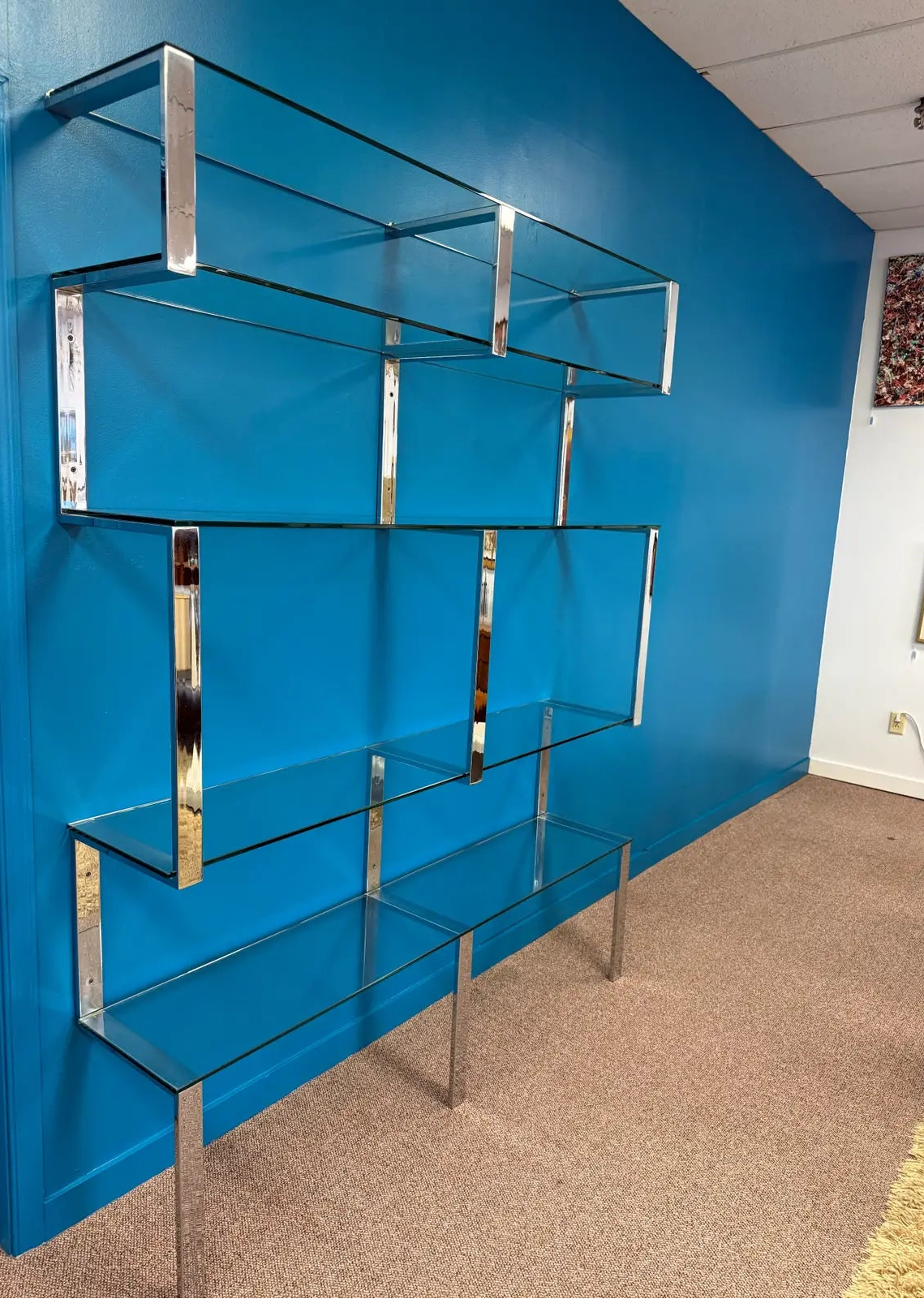 1970s Chrome and Glass Wall Mounted Shelving Unit Attributed to Milo Baughman James Howell
