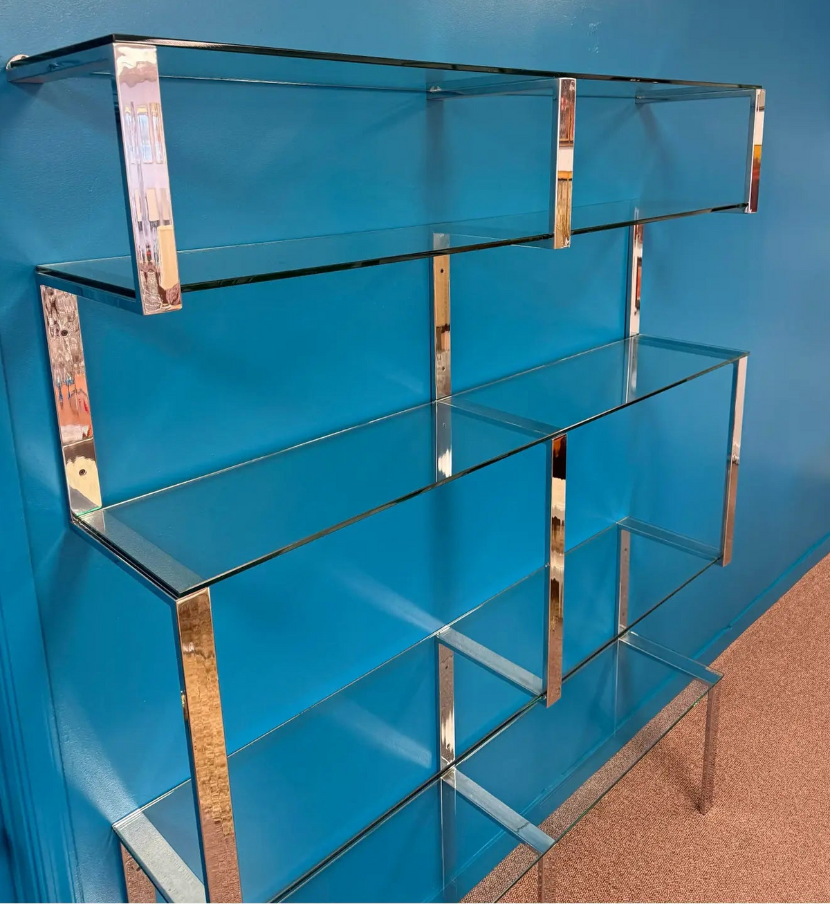 1970s Chrome and Glass Wall Mounted Shelving Unit Attributed to Milo Baughman James Howell