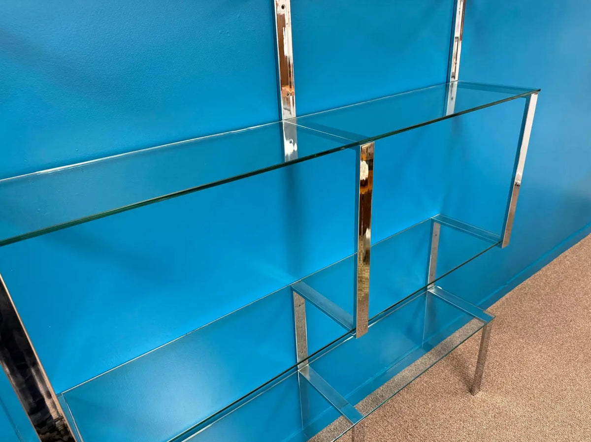 1970s Chrome and Glass Wall Mounted Shelving Unit Attributed to Milo Baughman James Howell