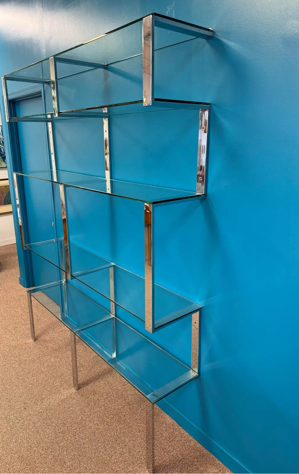 1970s Chrome and Glass Wall Mounted Shelving Unit Attributed to Milo Baughman James Howell