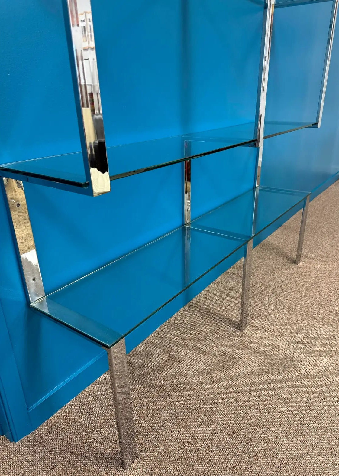 1970s Chrome and Glass Wall Mounted Shelving Unit Attributed to Milo Baughman James Howell