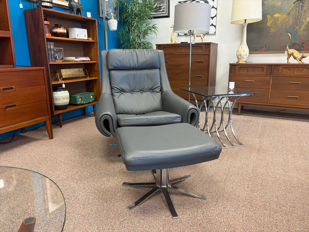 1960s Danish Leather Lounge Chair + Ottoman by Designer Werner Langenfeld ESA Denmark
