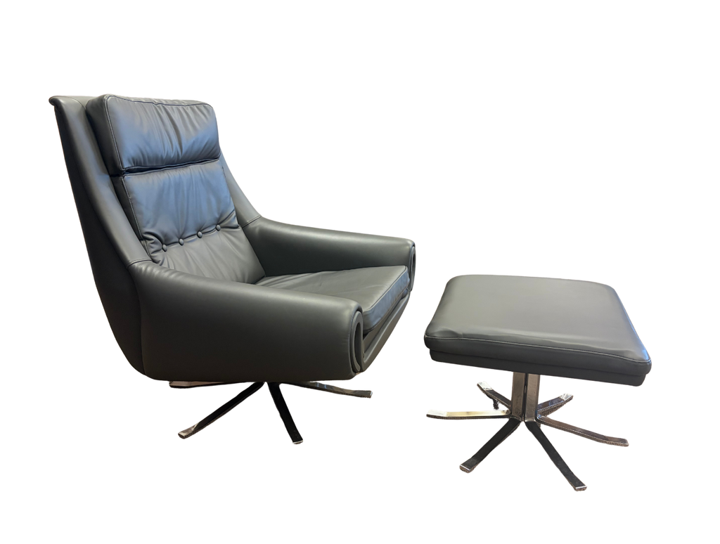 1960s Danish Leather Lounge Chair + Ottoman by Designer Werner Langenfeld ESA Denmark