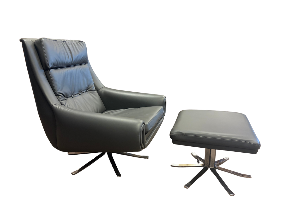 1960s Danish Leather Lounge Chair + Ottoman by Designer Werner Langenfeld ESA Denmark