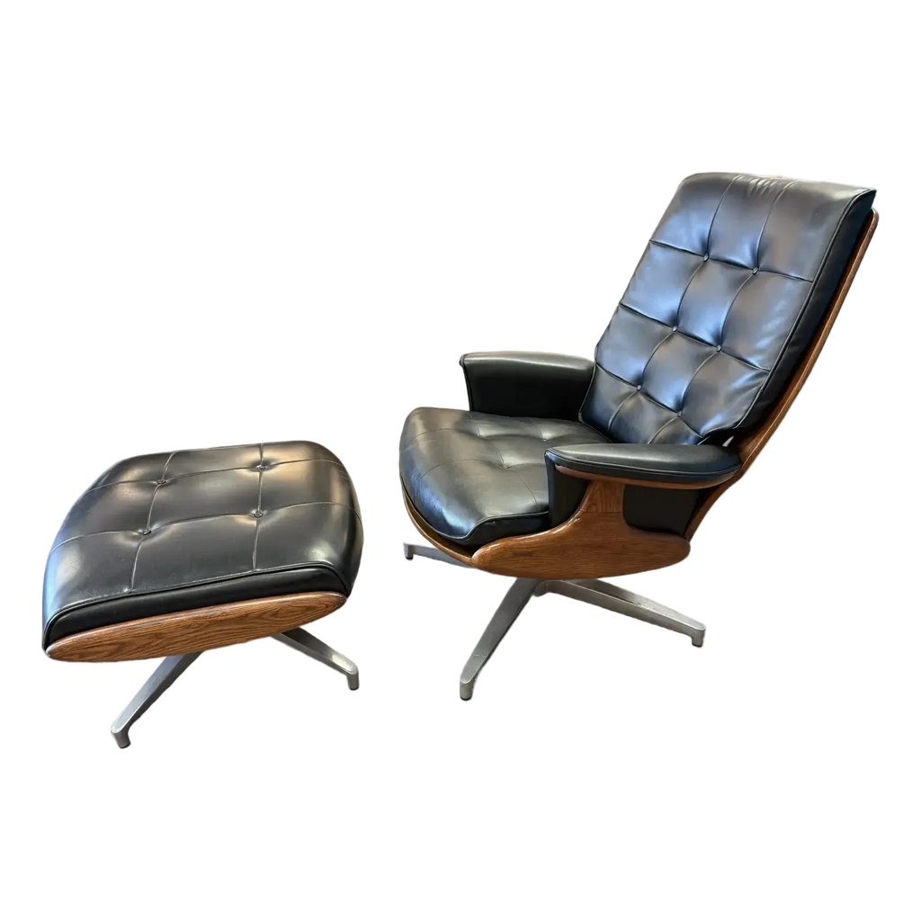 Mid Century Modern Attributed Heywood Wakefield Naugahyde Swivel Lounge Chair With Ottoman Model 710d 1960’s